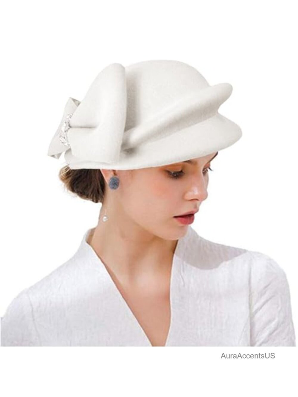 100% Wool Felt Bucket Cloche Beret Hat Adjustable Bow Wedding